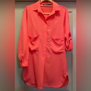 ZARA Coral Bright Buttoned Down Tunic Blouse size M